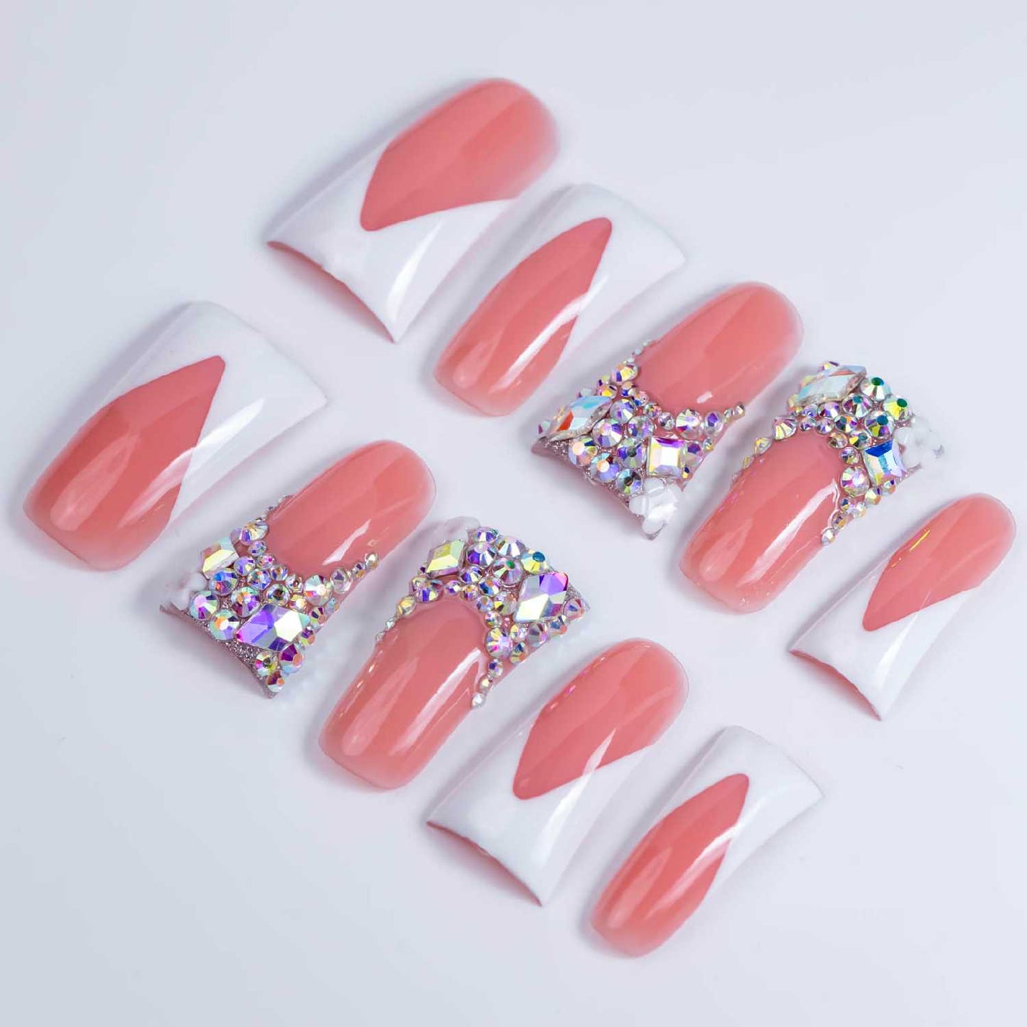 Pink Diamond French – Long Duck Press-Ons with Crystal Floral Accents