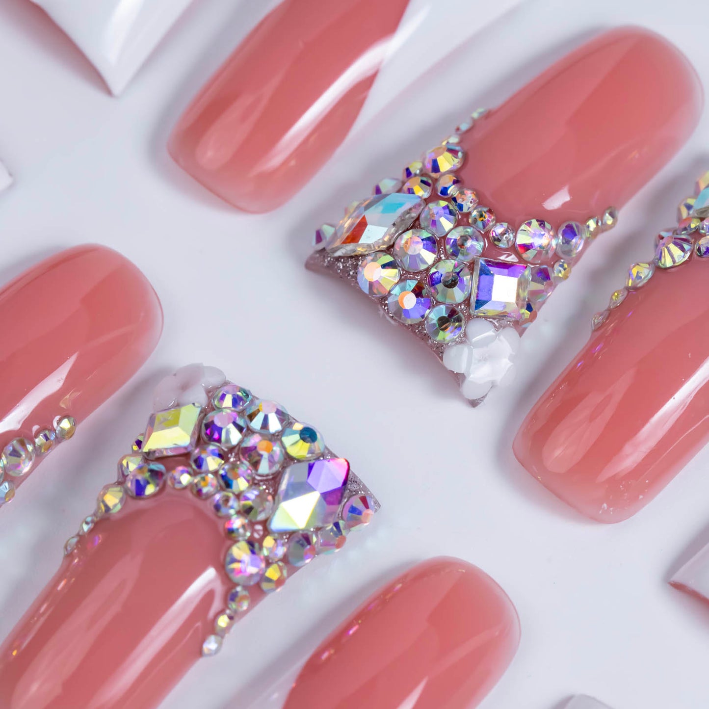 Pink Diamond French – Long Duck Press-Ons with Crystal Floral Accents